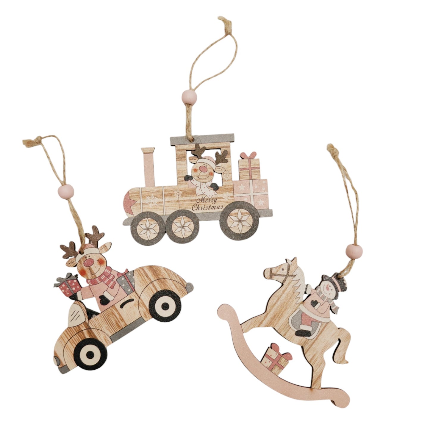 Addobbi albero in legno rosa set 3 pezzi