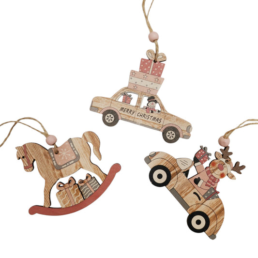 Addobbi albero in legno rosa set 3 pezzi