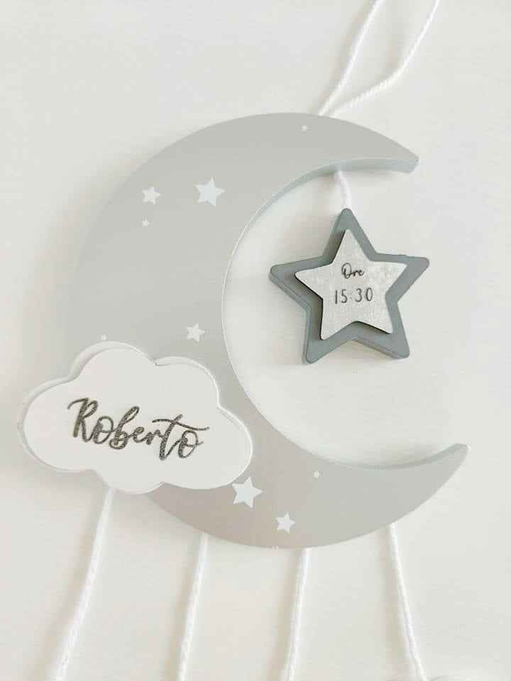 Fiocco nascita Luna & Stelle argento