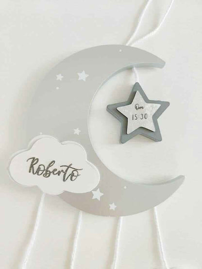 Fiocco nascita Luna & Stelle argento
