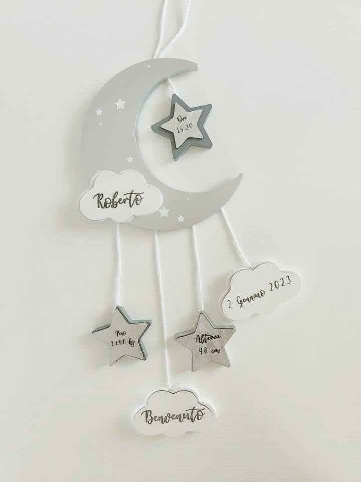 Fiocco nascita Luna & Stelle argento