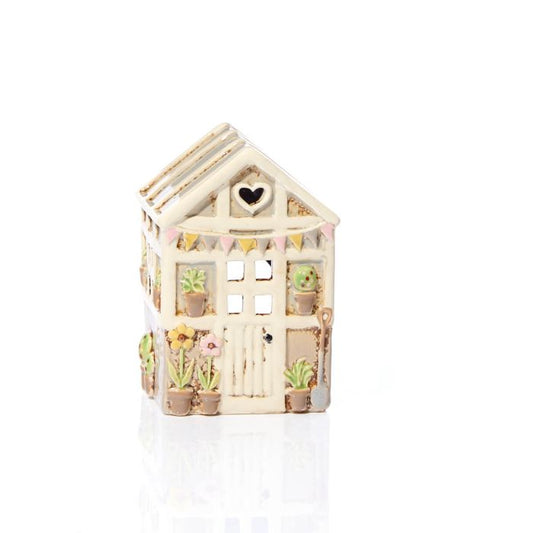 Preordine - Casetta portacandela con fiori in gres e bandierine