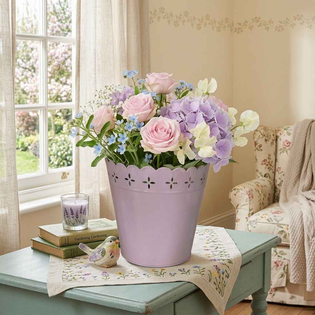 Vaso in metallo rosa pastello traforato
