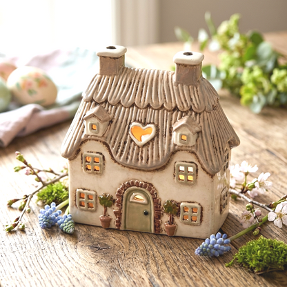 Casetta portacandela beige con fiori in gres