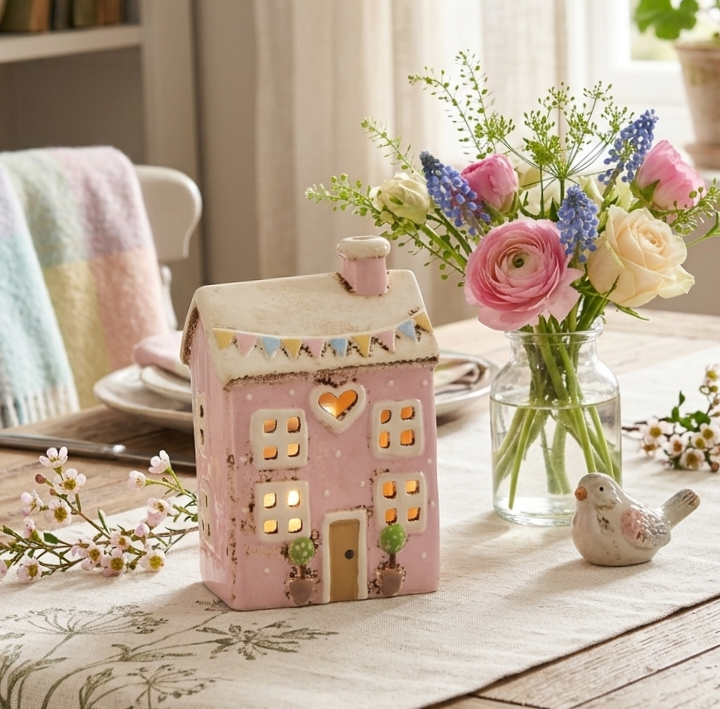 Preordine - Casetta portacandela rosa con bandierine
