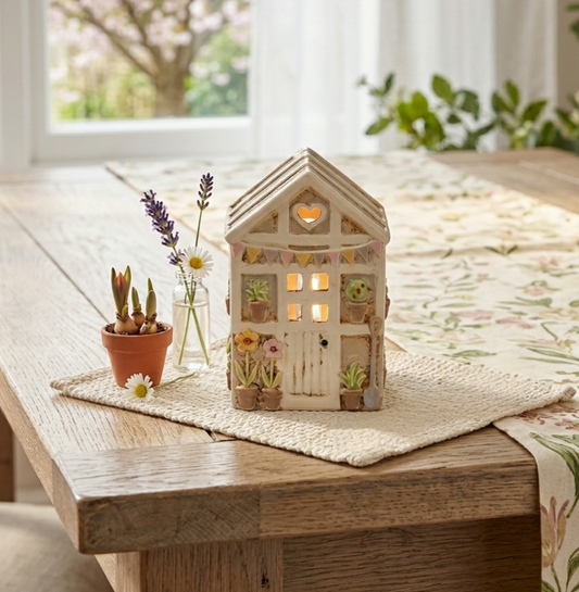 Preordine - Casetta portacandela con fiori in gres e bandierine