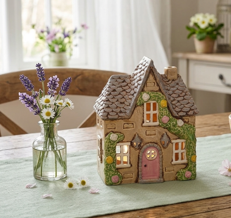 Preordine - Casetta portacandela beige con fiori in gres