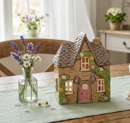 Preordine - Casetta portacandela beige con fiori in gres
