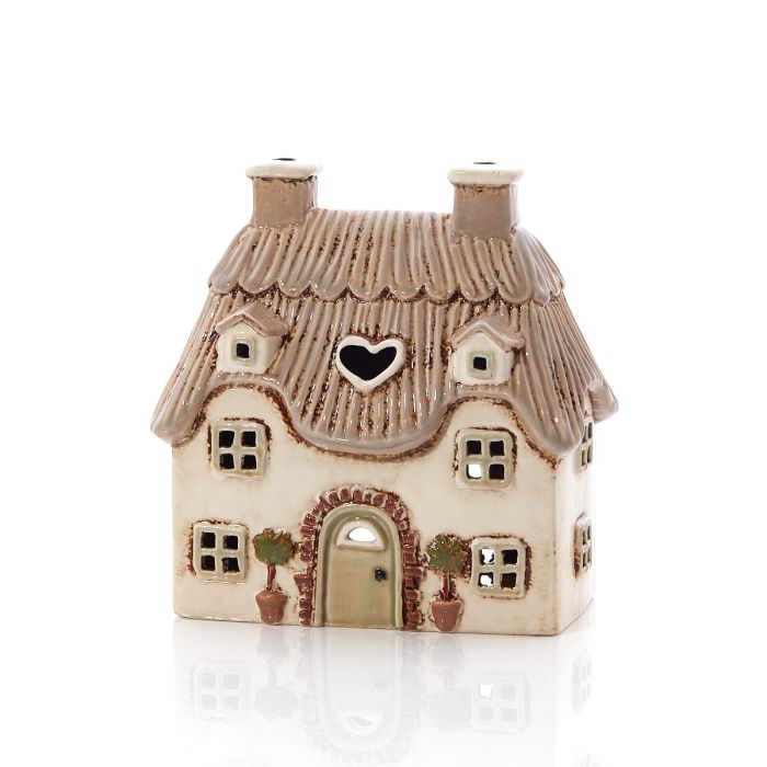 Casetta portacandela beige con fiori in gres