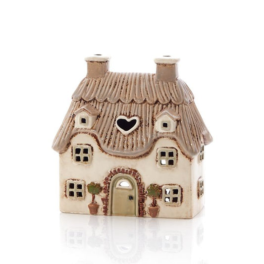 Casetta portacandela beige con fiori in gres